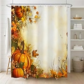 cheap Shower Curtains-Autumn Harvest Festival Pumpkin Leaf Printed Shower Curtain, Waterproof Fabric Bathroom Decor with 12 Plastic Hooks, Machine Washable