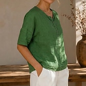 abordables Blusas Sencillas-Mujer Camisa Botones Color sólido Vintage Manga 3/4 Cuello Barco Casual Blanco Amarillo Verde Trébol Verano Primavera