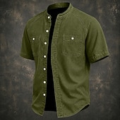 cheap Men's Smart Casual Shirts-SoftFade™ Men Shirt Casual Shirt Button Up Shirt Cotton Acid Wash Shirt Black Light Green Pink Purple khaki Short Sleeve Plain Grandad Collar Casual Daily Front Pocket Clothing Apparel Elegant Fashion