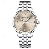 abordables Relojes de Cuarzo-Reloj de negocios de lujo para hombre Sunkta, esfera verde, correa de acero inoxidable bicolor, resistente al agua, movimiento de cuarzo con calendario de día y fecha, números romanos, marcadores de