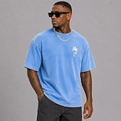 ieftine Tricou grafic pentru bărbați-Tricou bărbătesc cu imprimeu hawaian din frunze de palmier și nucă de cocos, 100% bumbac, spălat acid, gros, tricou cu mânecă scurtă, guler rotund, stil DTG, îmbrăcăminte la modă, stil zilnic,