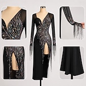 cheap Competition Dress-Women's Black Latin Dance Dress - Professional Salsa Samba Competition Gown - Vibrant Rhinestone &amp; Beaded Fringe Performance Wear - Sheer Mesh Sleeve Ballroom Outfit