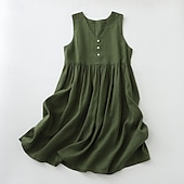 رخيصةأون فساتين-نسائي فستان ميدي 100% Cotton عتيق مناسب للبس اليومي فضفاض صالح سهل بدون كم V رقبة هيذر أخضر عسكري الصيف الربيع