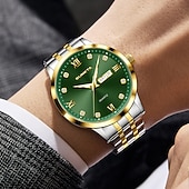 abordables Relojes de Cuarzo-Reloj de negocios de lujo para hombre Sunkta, esfera verde, correa de acero inoxidable bicolor, resistente al agua, movimiento de cuarzo con calendario de día y fecha, números romanos, marcadores de