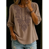  Femmes Chemise Haut à œillets Chemise Bohème Chemise en Dentelle Dentelle Broderie Élégant Bohème Vacances Manche 3/4 Hauts Longs Occasionnel Bleu Blanche Jaune Orange Marron Été Printemps