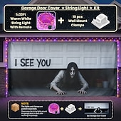  Halloween-spöklikt garageportsskydd med ljusslinga, läskigt spöke med blodspår och "jag ser dig"-tryck, obehaglig skräckdekoration för utomhusträdgård, hus eller fest