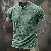 cheap Cotton Linen T-shirts-Men's T Shirt Linen T-Shirt Short Sleeve Henley Summer Spring Solid Color Textured Vacation Vintage Sports Raw Edge Casual Home Outdoor White Wine Green Top Tee for Men