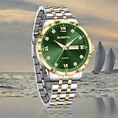 abordables Relojes de Cuarzo-Reloj de negocios de lujo para hombre Sunkta, esfera verde, correa de acero inoxidable bicolor, resistente al agua, movimiento de cuarzo con calendario de día y fecha, números romanos, marcadores de