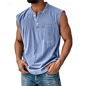baratos Tops de ginásio-Regata masculina vintage 100% algodão com lavagem ácida, camiseta sem mangas, camiseta regata sem mangas estilo henley, camiseta básica de verão lisa, de grife, com bolsos e botões, para férias, estilo urbano, preta, para homens.