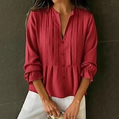  Mujer Camisa Blusa Frunce Color sólido Plano Elegante Moda Diario Manga Larga Campana Escote en Pico Tops largos Casual Diario Rojo Azul cielo Color Caquí Verano Primavera