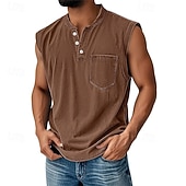 baratos Tops de ginásio-Regata masculina vintage 100% algodão com lavagem ácida, camiseta sem mangas, camiseta regata sem mangas estilo henley, camiseta básica de verão lisa, de grife, com bolsos e botões, para férias, estilo urbano, preta, para homens.