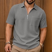 cheap Men's Classic Polo-Men's Waffle Polo Shirts Textured Casual Formal Zip Lapel Short Sleeve Fashion Solid Color Plain Pocket Buttons Spring &amp; Summer Blue Navy Blue Green Gray Waffle Polo Shirts