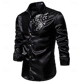 cheap Men's Satin Shirts-Men's Shirt Satin Shirt Dress Shirt Casual Shirt Solid Color Outdoor Work Black White Red Navy Blue Long Sleeve Turndown Summer Spring Clothing Apparel Sequins
