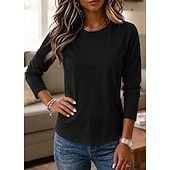  نسائي 100% Cotton تي شيرت بلايز لون الصلبة كلاسيكي كاجوال كم طويل رقبة دائرية قمصان عادية فضفاض مناسب للبس اليومي أزرق أبيض أسود وردي بلاشيهغ رمادي فاتح الشتاء الربيع، الخريف، الشتاء، الصيف