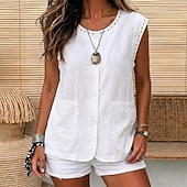 abordables Camisas-Mujer Chaleco de lino y algodón Camisa de verano Bordado Vintage Sin Mangas Cuello Barco Tops largos Casual Blanco Amarillo Azul Marino Verano Primavera