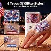  Stick glitterato patriottico per il corpo del 4 luglio, 1/2 stick glitterato rosso, bianco e blu per il viso, glitter impermeabile per il festival del 4 luglio per corpo, capelli e viso, glitter