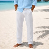  Herren Leinenhosen Hose Anzughose Sommerhose Strandhose Tasche Einfach Komfort Atmungsaktiv Volle Länge Lässig Täglich Outdoor Urlaub Mode Khaki Schwarz Unelastisch