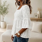  Mulheres Tops de renda Franzido Jacquard Textura Elegante Manga 3/4 Decote Quadrado Casual Branco Verão Primavera