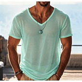billiga grundläggande t-shirts-Herr T-shirt Stickad T-shirt T-tröja Kortärmad V-hals Sommar Ensfärgat Mode Lättvikt Grundläggande Nät Stickat Ledigt Semester Gata Svart Purpur Grön Topp t-shirt för män
