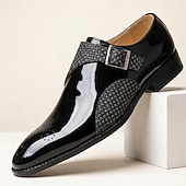 cheap Classic Dress Shoes-Men's Black Patent Monk Strap Dress Shoes, Pointed Toe Formal Shoes, Elegant Business Shoes for Wedding, Office, Party