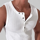 baratos Tops de ginásio-Homens Malha Íntima Camiseta Interior camisa sem manga camisa espancadora Sem Manga Gola Redonda Henley Verão Bloco de cor Pit Strip Moda Designer Músculo Botões Casual Ao ar livre Para Noite Preto