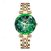 economico Orologi al quarzo-Orologio di lusso da donna, elegante quadrante sfaccettato verde smeraldo con bracciale a maglie in acciaio inossidabile color oro rosa, orologio da polso al quarzo alla moda per signore, dettagli in