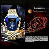 economico Orologi al quarzo-Orologio da polso di lusso da uomo in oro, design creativo a scudo triangolare con esclusivo display a disco rotante, cristallo blu sfaccettato, cinturino in acciaio inossidabile, impermeabile,