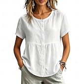 voordelige Effen Blouses-Dames Overhemd Blouse Lapwerk Knop Effen Kleur Elegant Casual Korte mouw Strakke ronde hals Normale tops Casual geel groen Zwart Wit Wijn Lichtgrijs Lente