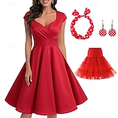 economico Outfit-Anni 1950 Retrò Vintage Vestito Svasato Abito per Festa di Natale Tinta unita Costume Per donna Festa / Sera Mascherata Addio al Nubilato Adulti Vestito Orecchini Copricapo Primavera &amp; Estate
