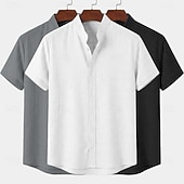 cheap Classic-Men Shirt Linen Shirt Summer Shirt Band Collar Shirt Button Up Shirt Plain Casual Daily Black+White+Gray Black+Blue+Gray White+Gray+Blue Orange+Gray+Black Short Sleeve Stand Collar Summer Clothing