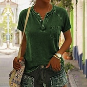 baratos Camiseta lisa-Camiseta feminina softfade™ 100% algodão estilo Henley - camiseta vintage de alta qualidade com manga curta, gola redonda e bolso.