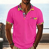 baratos Polo Clássico Masculino-Men's Polo Golf Shirt Casual Vacation Lapel Short Sleeve Fashion Basic Floral Hawaii Patchwork Pocket Summer Spring Regular Fit Black Pink Green Polo