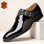 cheap Classic Dress Shoes-Men's Black Patent Monk Strap Dress Shoes, Pointed Toe Formal Shoes, Elegant Business Shoes for Wedding, Office, Party