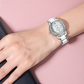 cheap Quartz Watches-Women's Rose Gold Fashion Watch, White Ceramic Style Link Bracelet, Mother of Pearl Dial with Crystal Bezel, Elegant Quartz Dress Wristwatch for Ladies, Perfect Jewelry Gift for Her