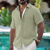 cheap Vacation-Men's Shirt Linen Shirt Summer Shirt Beach Wear Button Up Shirt Color Block Vacation Holiday White Black Sky Blue Green Short Sleeves Shirt Collar Summer Spring Clothing Apparel
