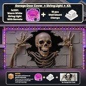  Halloween Garage Door Cover With String Lights White Skull Hanging Tapestry Haunted House Decoration Creepy Outdoor Halloween Decor Spooky Horror Party Supplies for Yard Garden Garage Entrance