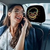 abordables Sala de estar-Fundas para reposacabezas de coche con cabeza de calavera fluorescente de neón (2/4 unidades), estampado de calavera de neón moderno y atractivo, decoración interior de coche personalizada, ajuste