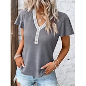  Mujer Camiseta Camiseta superior Encaje Retazos Color sólido Elegante Moda Estilo lindo Manga Corta Mangas anchas Escote en Pico Tops regulares Casual Negro Rosa Vino Azul Marino Marrón Verano
