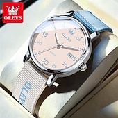 voordelige Quartz-horloges-Olevs dameshorloge in roze, schattig analoog quartz polshorloge met datumweergave, casual modieus meisjeshorloge met ademende nylon band, waterdicht tot 30 meter, verjaardagscadeau voor tienermeisjes