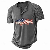 abordables Casual Henley Tee-Men's American US Flag Fish Henley Shirt Raglan T Shirt Short Sleeve Fashion Designer Casual Casual Daily Outdoor Summer Blue Gray Green Red Beige Henley Collar Henley Henley T-Shirt