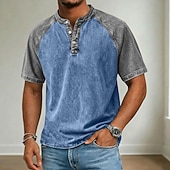 cheap Casual Henley Tee-Men's Henley Shirt Cotton Acid Wash Shirt Short Sleeve Color Block Patchwork Washed Retro Vintage Casual Henley Patchwork Vintage Style Color Block Henley Casual Summer Spring All Seasons Black