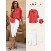  Chemises en lin pour femmes, blouses boutonnées, couleur unie, manches 3/4, col en V, coupe classique, pour tous les jours, noir, blanc, rouge, orange, vert, été, printemps, automne