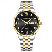 abordables Relojes de Cuarzo-Reloj de negocios de lujo para hombre Sunkta, esfera verde, correa de acero inoxidable bicolor, resistente al agua, movimiento de cuarzo con calendario de día y fecha, números romanos, marcadores de