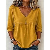  Femmes Chemise Couleur Unie Uni Bohème Vacances ancien Col en V Hauts Longs Occasionnel Bleu Blanche Noir Jaune Rose Claire Été Printemps