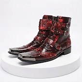 cheap Premium Leather Boots-Men's Red Western Biker Boots – Exotic Buckle Ankle Boots, Vintage Cowboy Footwear for Motorcycle Riding, Concerts, Music Festivals and Nightlife