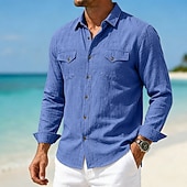 abordables Vacances-Hommes Chemise Chemise en lin Chemise d'été Tenue de plage Chemise Boutonnée Uni Occasionnel Quotidien Bleu Rose Claire bleu marine Bleu de minuit manche longue Col Printemps &amp; Été Été Vêtement Tenue