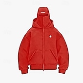 abordables sudaderas con capucha 3d para hombre-Sudadera con capucha y pasamontañas para hombre, con cremallera completa, pasamontañas, capucha negra, blanca y roja, con bolsillo liso, para deportes al aire libre, uso diario, vacaciones, poliéster, ropa de calle básica, informal, para primavera y otoño
