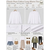  نسائي 100% Cotton تي شيرت بلايز لون الصلبة كلاسيكي كاجوال كم طويل رقبة دائرية قمصان عادية فضفاض مناسب للبس اليومي أزرق أبيض أسود وردي بلاشيهغ رمادي فاتح الشتاء الربيع، الخريف، الشتاء، الصيف