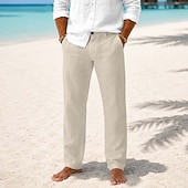  Herren Leinenhosen Hose Anzughose Sommerhose Strandhose Tasche Einfach Komfort Atmungsaktiv Volle Länge Lässig Täglich Outdoor Urlaub Mode Khaki Schwarz Unelastisch