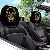 abordables Sala de estar-Fundas para reposacabezas de coche con cabeza de calavera fluorescente de neón (2/4 unidades), estampado de calavera de neón moderno y atractivo, decoración interior de coche personalizada, ajuste